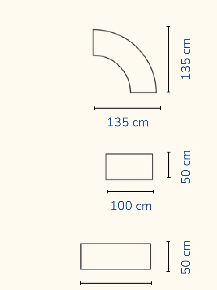 Medidas de cada módulo: curvo 135 × 135 cm, rectos de 100 y 150 cm × 50 cm