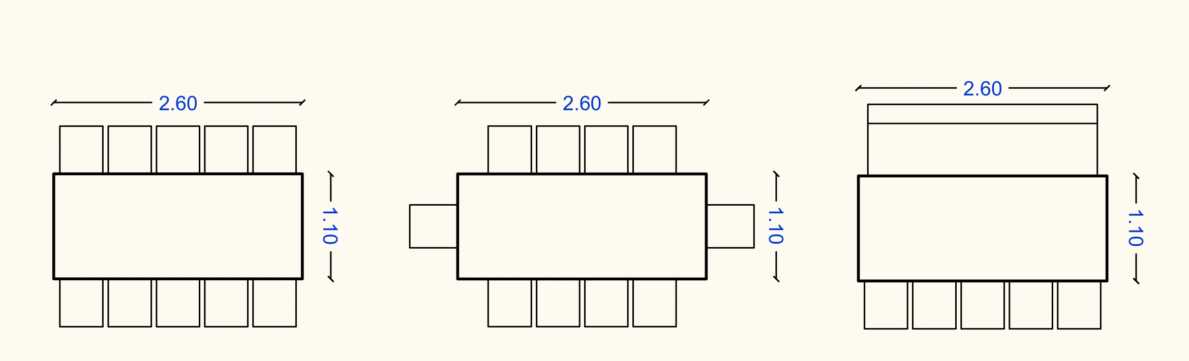 Configuraciones de la mesa de 2,60 × 1,10 m